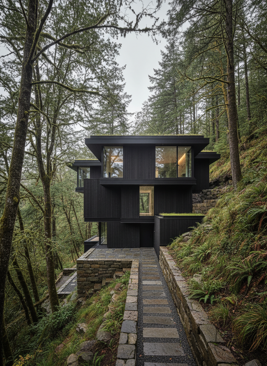 Maison moderne en bois sombre intégrée dans un paysage naturel